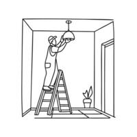 Worker on a ladder installing a light fixture in a renovated room vector