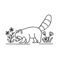 Red panda sniffing the ground near a patch of wildflowers vector
