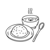 Cooked rice served in plate with spoon and cream soup in a bowl vector