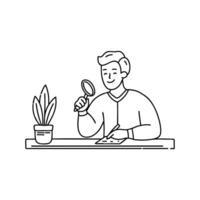 Researcher examining plant samples under magnifying glass while taking notes at desk vector