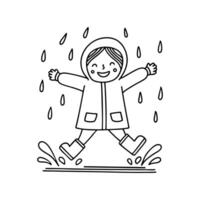 Raincoat on a little one jump and splashing water with rubber boots under the rain vector