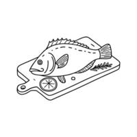 Rockfish lying on a wet cutting board with lemon slices and herbs vector
