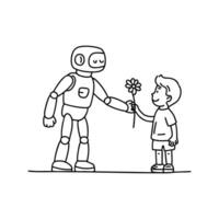 Robot handing a flower to a child in a playground vector
