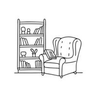 Recliner in front of a bookshelf with a book resting on the arm vector