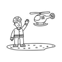 Rescue worker waving toward a helicopter from an open field vector