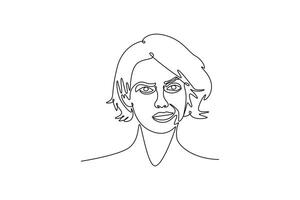 unhappy young woman bad mood irritated problem raise eyebrow. Expression concept. Single line draw design. graphic illustration vector
