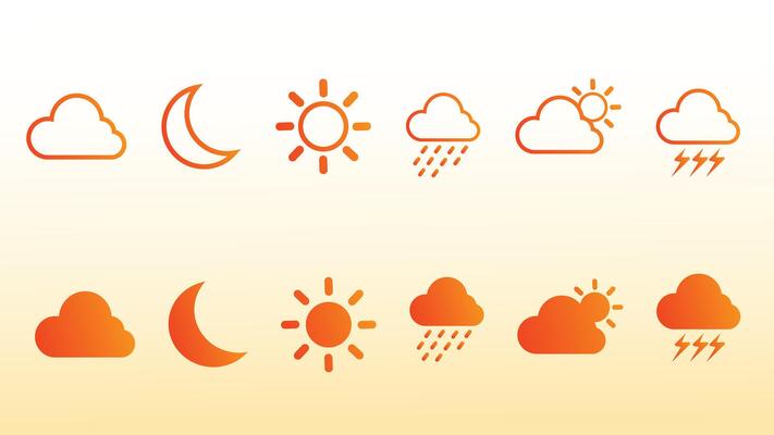 Weather Icons Set. Sun, Moon, Cloud, Rain, Storm, and Forecast Symbols