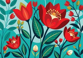 Vibrant Red Flowers Teal Background Artistic Botanical Illustration vector