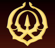 Golden Fantasy Emblem with a Sharp Symbol. A golden emblem with a sharp, symmetrical design on a deep brown background, resembling a medieval or fantasy-themed insignia. vector