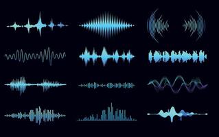Abstract Sound Waves in Neon Blue on Dark Background. A collection of abstract sound waves and frequency bars in glowing neon blue on a dark futuristic background. vector