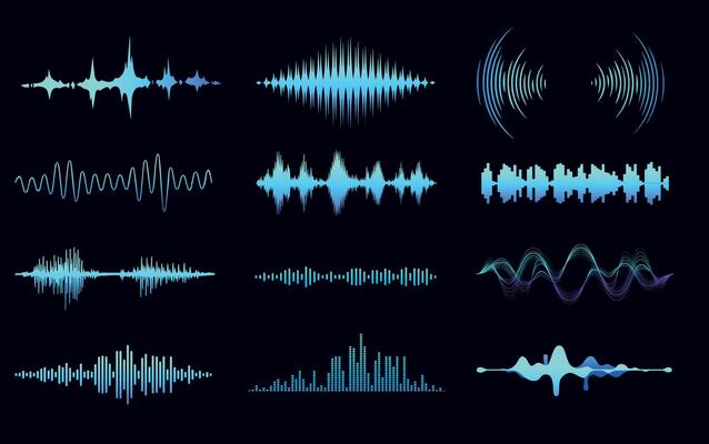 Abstract Sound Waves in Neon Blue on Dark Background. A collection of abstract sound waves and frequency bars in glowing neon blue on a dark futuristic background.