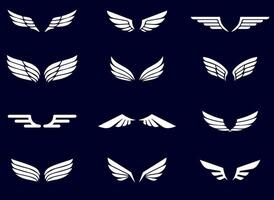 Set of White Wing Logos on Dark Background. A collection of stylized white wing logos on a dark background, featuring various symmetrical and modern designs. vector