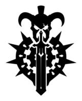 Dark Fantasy Sword with Skull and Spikes. A black and white fantasy-inspired emblem of a sword surrounded by spikes, a skull, and demonic details. vector