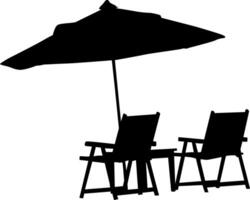Silhouette of a table and chairs under an umbrella on the beach. vector