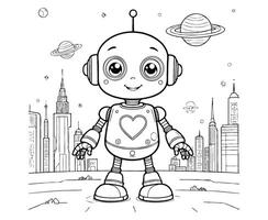 Robot in Futuristic City Coloring Page vector