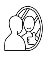 Stickman looking in the mirror smiling in front of the mirror. Cartoon stick figure illustration. line art. vector