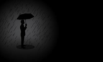 silhouette of man using umbrella in heavy rain alone in the dark. illustration with copy space. vector