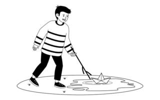 Child enjoys sailing paper boat on a calm pond during a sunny afternoon in a park vector
