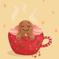 Gingerbread character sitting in a mug with marshmallows vector