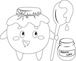 Coloring page Character orange in a cap with a spoon in his hand, next to it is a jar of orange curd. vector