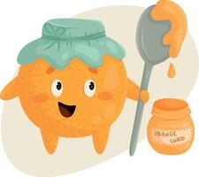 An orange character in a blue cap with a spoon in his hand, next to him is a jar of orange curd. vector