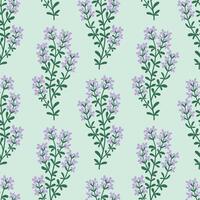 Blooming Lavender Seamless Pattern with Flower Branches on Light Green Background. Cute Spring Floral Design for Fabric, Wrapping Paper, Textile or Packaging vector