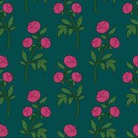 Blooming Peony Seamless Pattern with Flower Branches on Teal Background. Gorgeous Summer Floral Outline Design for Fabric, Wrapping Paper, Textile or Packaging vector