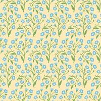 Blooming Forget-Me-Nots Seamless Pattern with Flower Branches on Light Yellow Background. Cute Spring Floral Design for Fabric, Wrapping Paper, Textile or Packaging vector