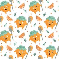 Pattern with an orange in a hat and with a spoon in hand and orange slices. vector