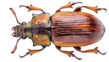 detailed close up top view of full body colorful beetle insect with shiny exoskeleton and segmented legs on isolated background for science education or nature macro photography png