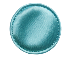 circular iron-on patch sticker in satin turquoise fabric texture with stitched edge on isolated background for clothing design and textile craft png