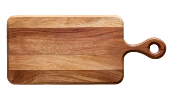 top view of wooden serving board with handle and natural grain pattern on isolated background for kitchen and culinary presentation design png