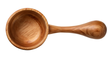 round wooden measuring cup with curved handle top view on isolated background showing natural grain and polished finish png