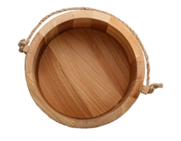 round wooden bucket top view, natural wood grain texture with rope handle, handcrafted rustic container on isolated background png