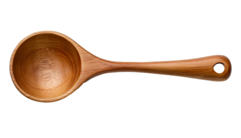 wooden ladle top view, handcrafted kitchen utensil with round bowl and natural wood grain texture on isolated background png