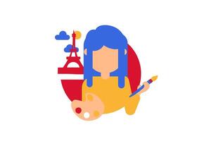 A French person paints with a brush an image of a landscape with the Eiffel Tower in a flat style vector