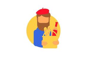 A man in a beret with a basket of food in a flat style vector