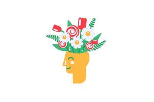Vibrant nosegay blooming out from head in solid cartoon style vector