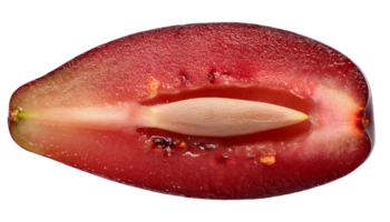 macro shot of a fresh ripe java plum cut in half showing seed and juicy red-purple flesh on isolated background for botanical and tropical fruit design png