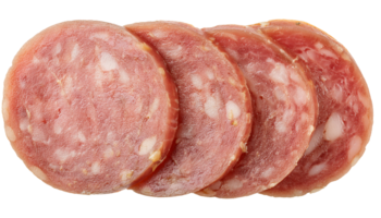 sliced fermented sausage with marbled meat and fat texture stacked in overlapping layers on isolated background for deli and traditional food presentation png