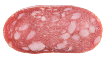 de cerca de un rebanado fermentado salchicha demostración jaspeado textura y grasa piezas en aislado antecedentes para comida y carne ingrediente concepto png