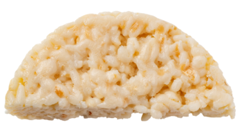 top view of a half circle shaped sticky rice meal block with soft and glutinous texture on isolated background for frozen asian ready meals and microwave food packaging png