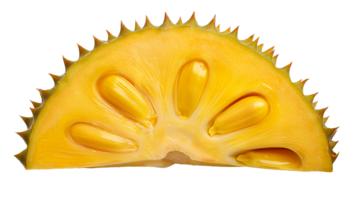 close-up view of fresh ripe jackfruit section with vibrant yellow pods and spiky outer rind on isolated background for tropical food design and packaging png