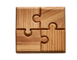 top view of completed square wooden puzzle block with smooth texture and natural wood grain on isolated background for education and creative solution concepts png