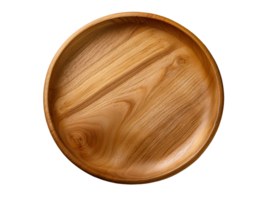 top view of empty round wooden plate with beautiful natural wood grain texture on isolated background for food presentation and eco-friendly tableware design png