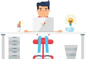 Student Programmer Solves Test Task At Computer. Workplace vector