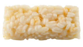macro top view of a rectangular block of cooked sticky rice meal with glutinous texture on isolated background for microwave ready meals and asian food packaging png