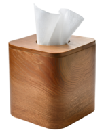 modern wooden square tissue box holder with curved corner design and visible wood grain texture with white paper napkin on isolated background png