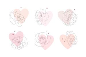 Continuous line flowers with small hearts. Set of roses single line illustration for print or web. Minimalist style floral design vector