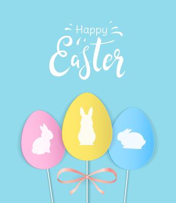 Happy Easter greeting card illustration with decorative yellow, blue and pink paper eggs and white bunny silhouettes on blue background